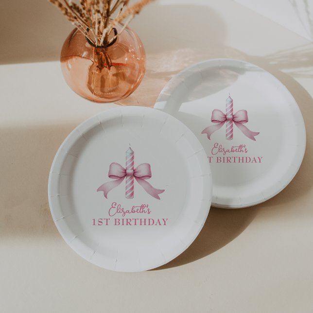 Prato De Papel Garotas Arcos Rosa Só Querem Ser Um primeiro anive (Pink Bow Girls Just Wanna Be One 1st Birthday Paper Plates)