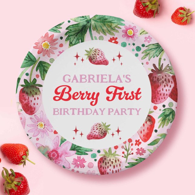 Prato De Papel Garotas primeiros aniversarios de Morango de Moran (Watercolor Strawberry Berry 1st Birthday Girls Paper Plates)
