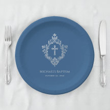 Garoto Baptism Clássico Azul Faux Silver Crest Vin