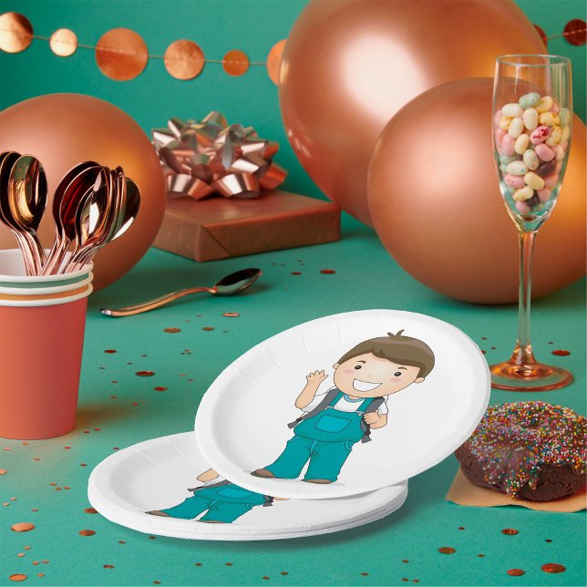 Prato De Papel Garoto da escola sorridente com mochila (Criador carregado)