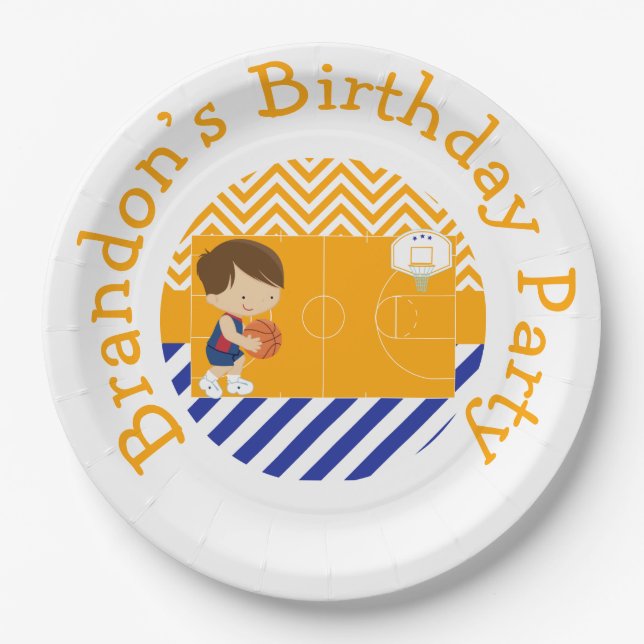 Prato De Papel Garoto de Cabelo Castanho-Jufo de Basquete (Frente)