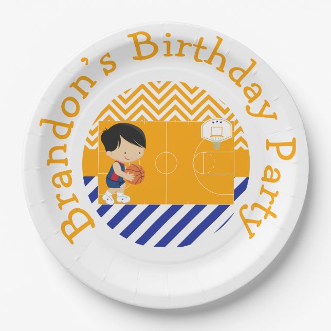 Prato De Papel Garoto de Cabelo Negro Bonito de Basquete (Frente)