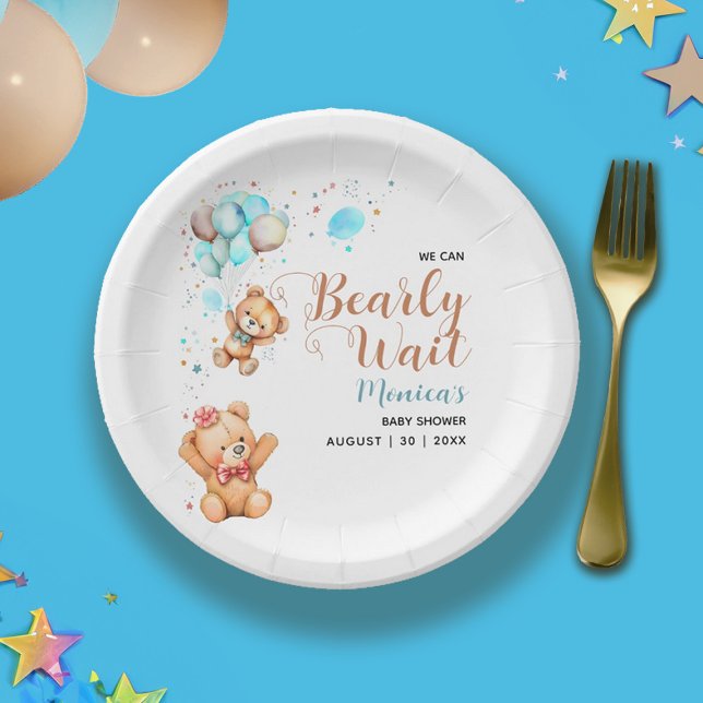 Prato De Papel Garoto Teddy Bear Podemos Bater Chá de fraldas De  (Boy Teddy Bear We Can Bearly Wait Baby Shower Paper Plates)