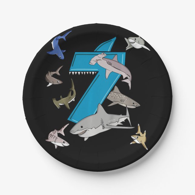 Prato De Papel Garotos 7 de Aniversário Tubarão Branco (Frente)