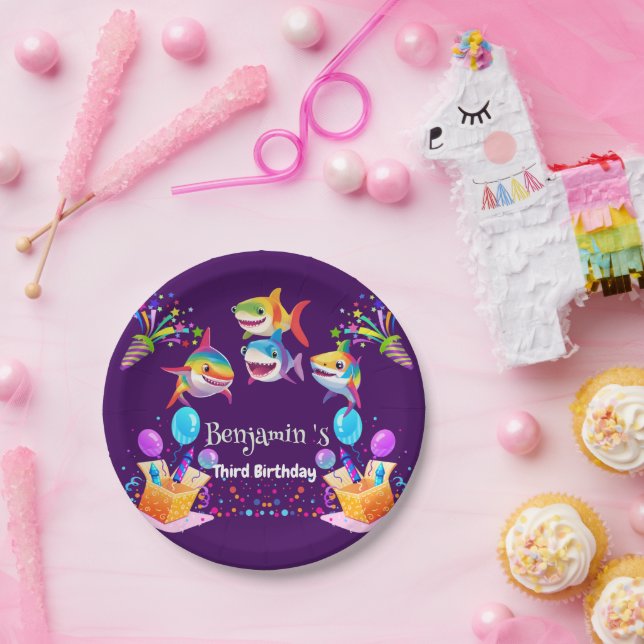 Prato De Papel Garotos da festa de aniversário de tubarão-arco-ír (Festa)