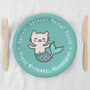 Prato De Papel Gata Sereia Menina Azul Aniversário Purrmaid Meowm