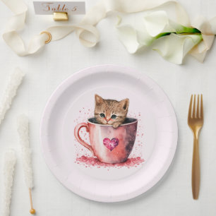 Prato De Papel Gatinho Bonito num Teacup com Corações