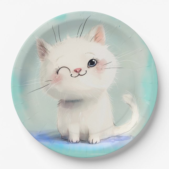 Prato De Papel Gatinho Branco Bonito (Frente)