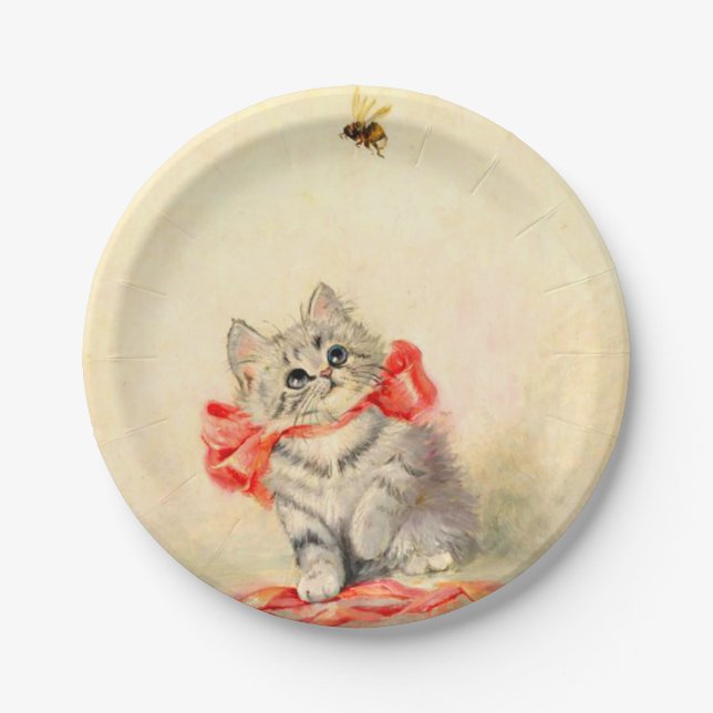 Prato De Papel Gatinho com Fita Vermelha (Frente)