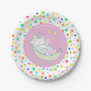 Prato De Papel Gatinho de Aniversário & Estrelas Multicoloridas