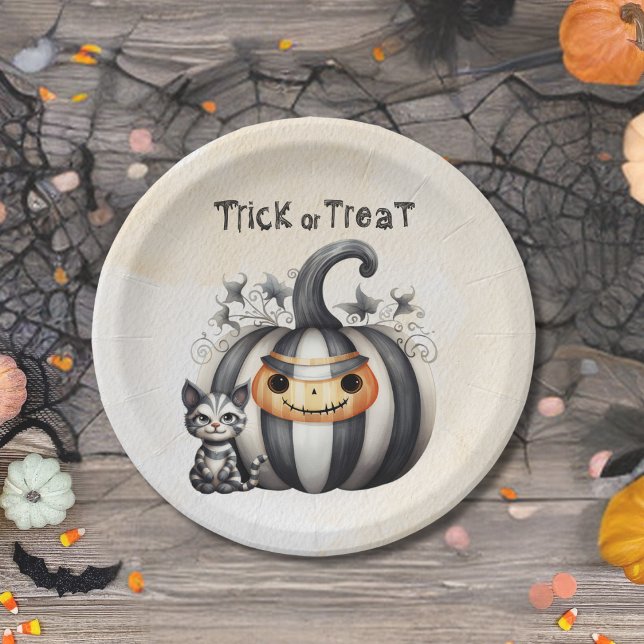 Prato De Papel Gatinho de Halloween Negro Pumpkin (Criador carregado)