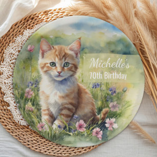 Prato De Papel Gatinho de Tabby Laranja Amarelo  70º Aniversário