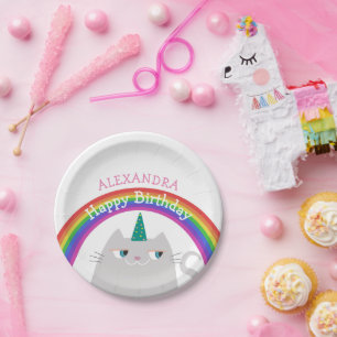 Prato De Papel Gatinho Fofo Unicórnio Arco-íris Aniversário