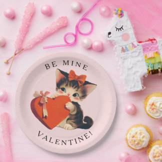 Prato De Papel Gatinho Fofo Vintage Seja Meu no Dia dos Namorados