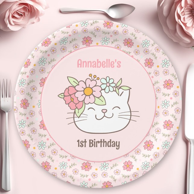 Prato De Papel Gatinho Gatinho Rosa primeiro aniversario Nadinhas (Kitten Kitty Cat Pink Girl 1st Birthday Napkins Paper Plates)