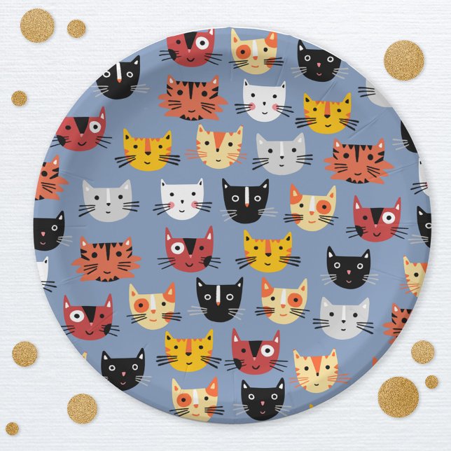 Prato De Papel Gatinho Gato Gato Azul (Cute Kitty Cat Blue Party Paper Plates)