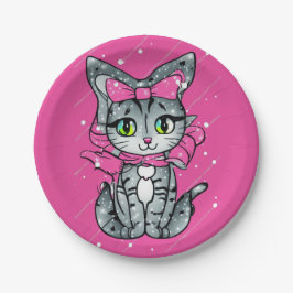 Prato De Papel Gatinho Kawaii, bonito, com fundo cor-de-rosa bril