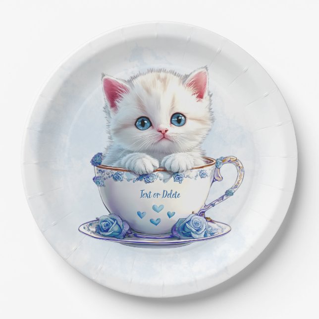 Prato De Papel Gatinho na taça Flores de Papel Azul (Frente)
