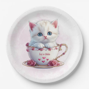 Prato De Papel Gatinho na taça Flores de Papel Rosa