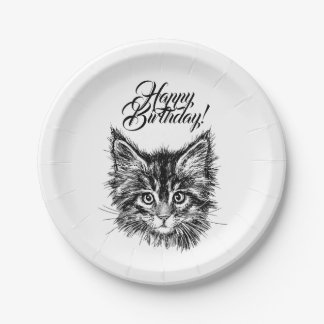 Prato De Papel Gatinho preto e branco encarando feliz aniversário