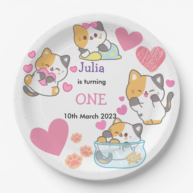 Prato De Papel gatinho um aniversário de menina (Frente)