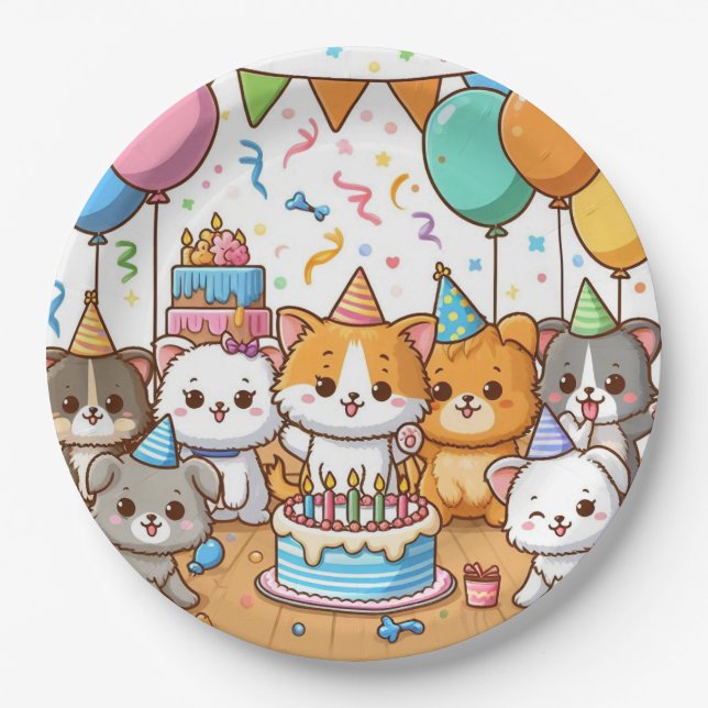 Prato De Papel Gatinhos Bonitos Em Placas De Festa de aniversário (Frente)