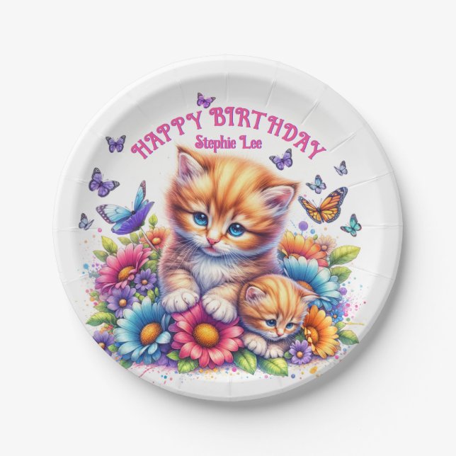 Prato De Papel Gatinhos, Borboletas e Flores (Frente)