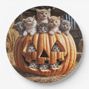 Prato De Papel Gatinhos Na Pumpkin Do Halloween