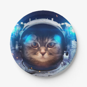 Prato De Papel Gato astronauta flutua acima da Terra