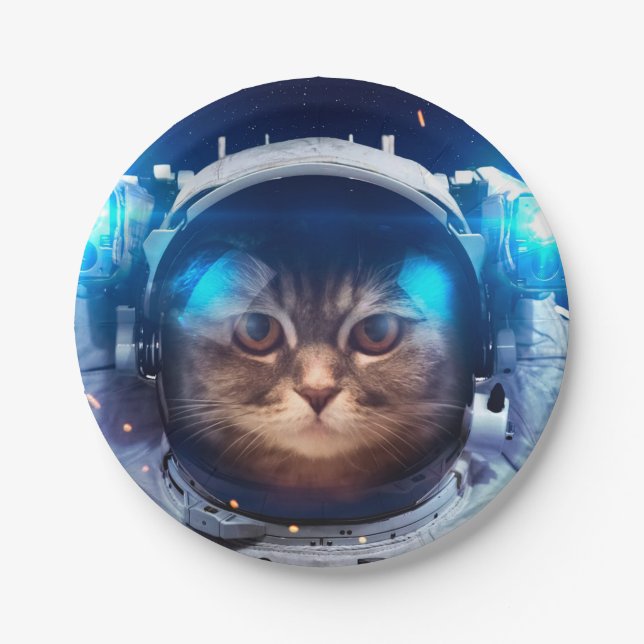 Prato De Papel Gato astronauta flutua acima da Terra (Frente)
