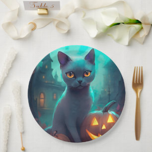 Prato De Papel Gato Azul Russo de Halloween com Abóboras Assustad