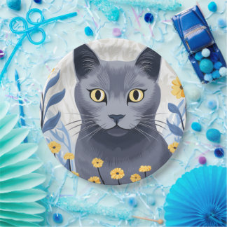 Prato De Papel Gato Azul Russo Flores Amarelas