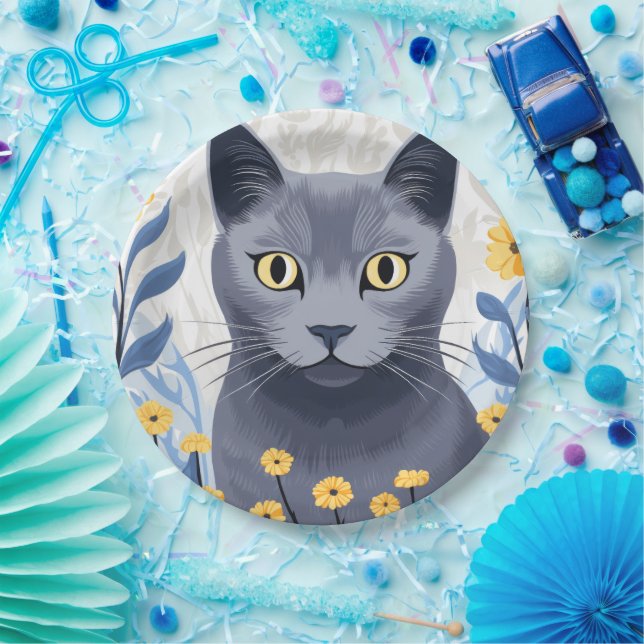 Prato De Papel Gato Azul Russo Flores Amarelas (Festa)