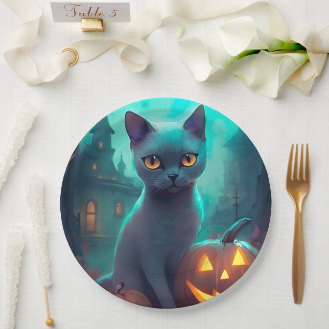 Prato De Papel Gato Azul Russo Halloween Com Pumpkins Assustado (Casamento)