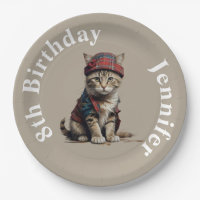 gato bonitinho de aniversário no disfarce escocês