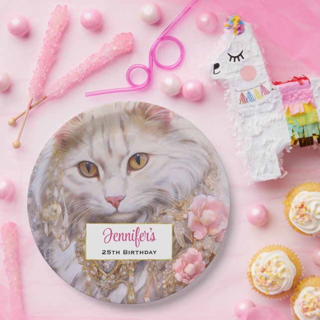 Prato De Papel Gato Branco Elegante no Aniversário do Dourado e d (Festa)