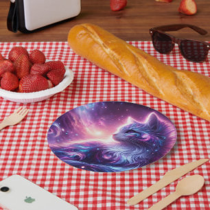 Prato De Papel Gato Celestial Galáxia Cósmica Mística