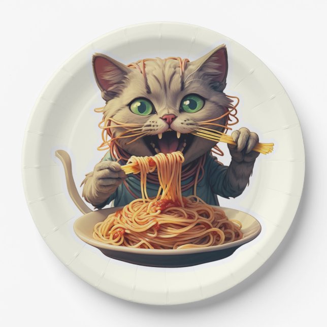 Prato De Papel Gato Comendo Espaguete (Frente)