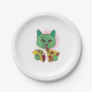 Prato De Papel Gato Cósmico Comendo Pizza e Taco