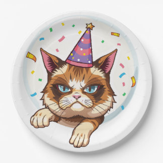 Prato De Papel Gato de aniversário rabugento - Chapéu do Partido 