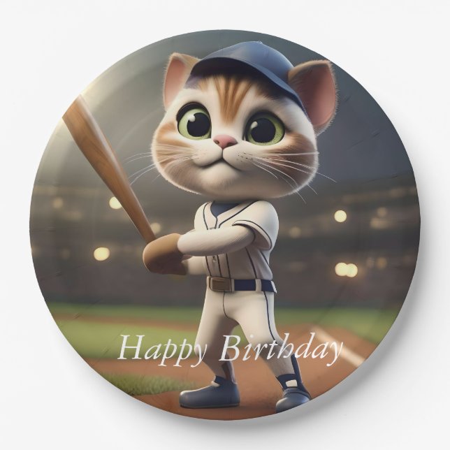 Prato De Papel Gato de Beisebol Divertido em 3D, (Frente)