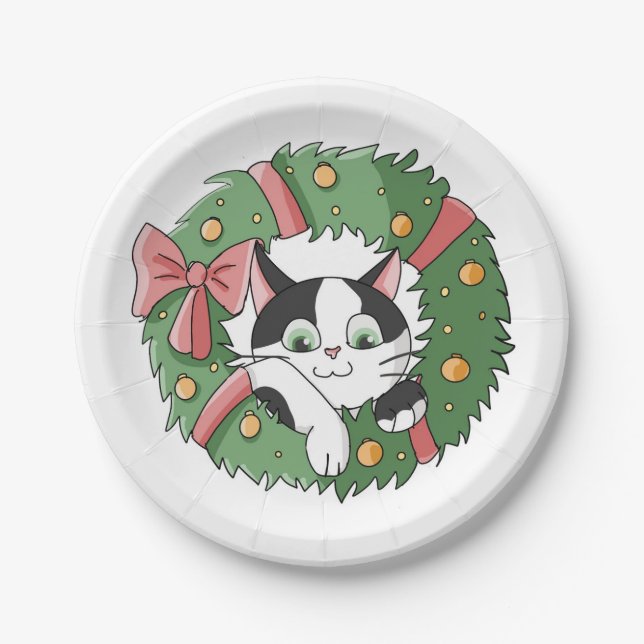 Prato De Papel Gato de Desenho Animado Fofo em Grinalda de Natal (Frente)