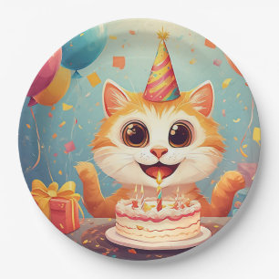 Prato De Papel Gato de Festa Adorável Com Bolo e Balões