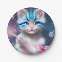 Gato de gato branco Kawaii listrado, rosa e azul