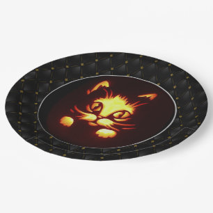Prato De Papel Gato de Halloween Amarelo Laranja Brilhante com Bo