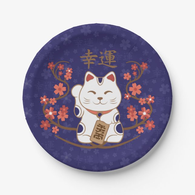 Prato De Papel Gato de Maneki-neko com sorte, kanji (Frente)