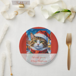 Prato De Papel Gato de Natal Festivo com Chapéu de Papai Noel