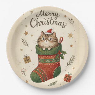 Prato De Papel Gato de Natal na Meia