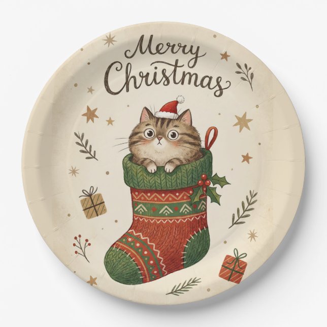 Prato De Papel Gato de Natal na Meia (Frente)