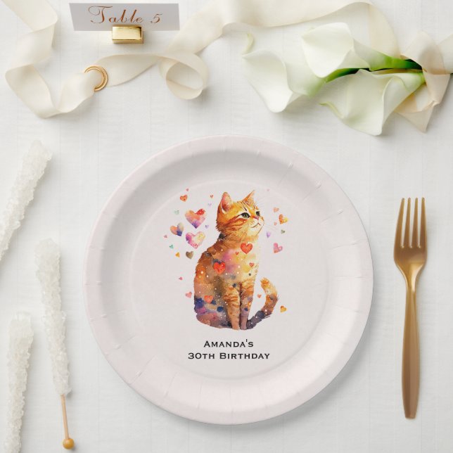 Prato De Papel Gato de Tabby Bonito com Corações Aniversário (Casamento)